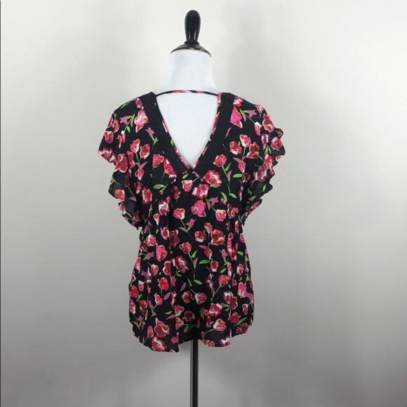 DR2 Floral Top Black V Neck Short Sleeve - Picture 4 of 4